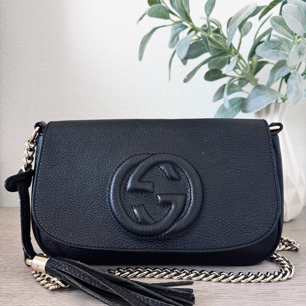 Gucci Black Leather Crossbody with Tassel and Chain
